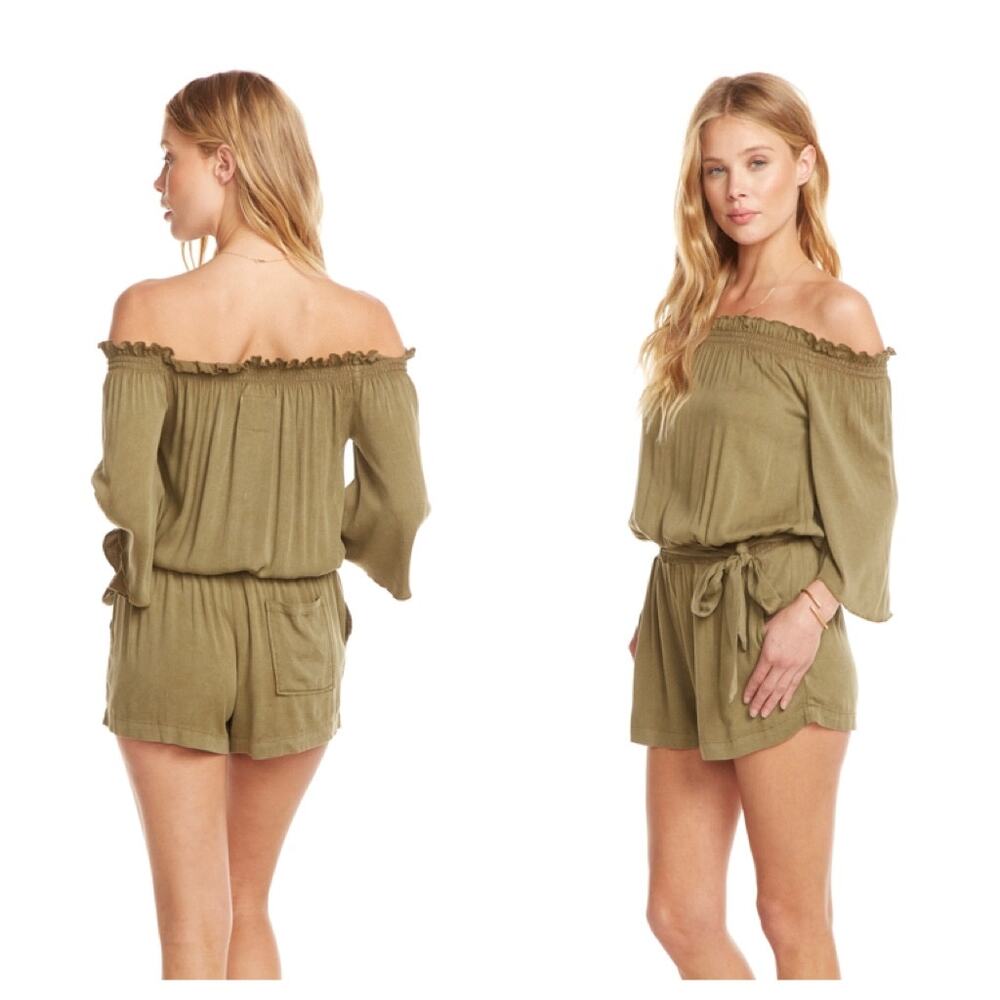 Chaser Heirloom Wovens Off Shoulder Flouncy Sleeve Tie Waist Romper XS